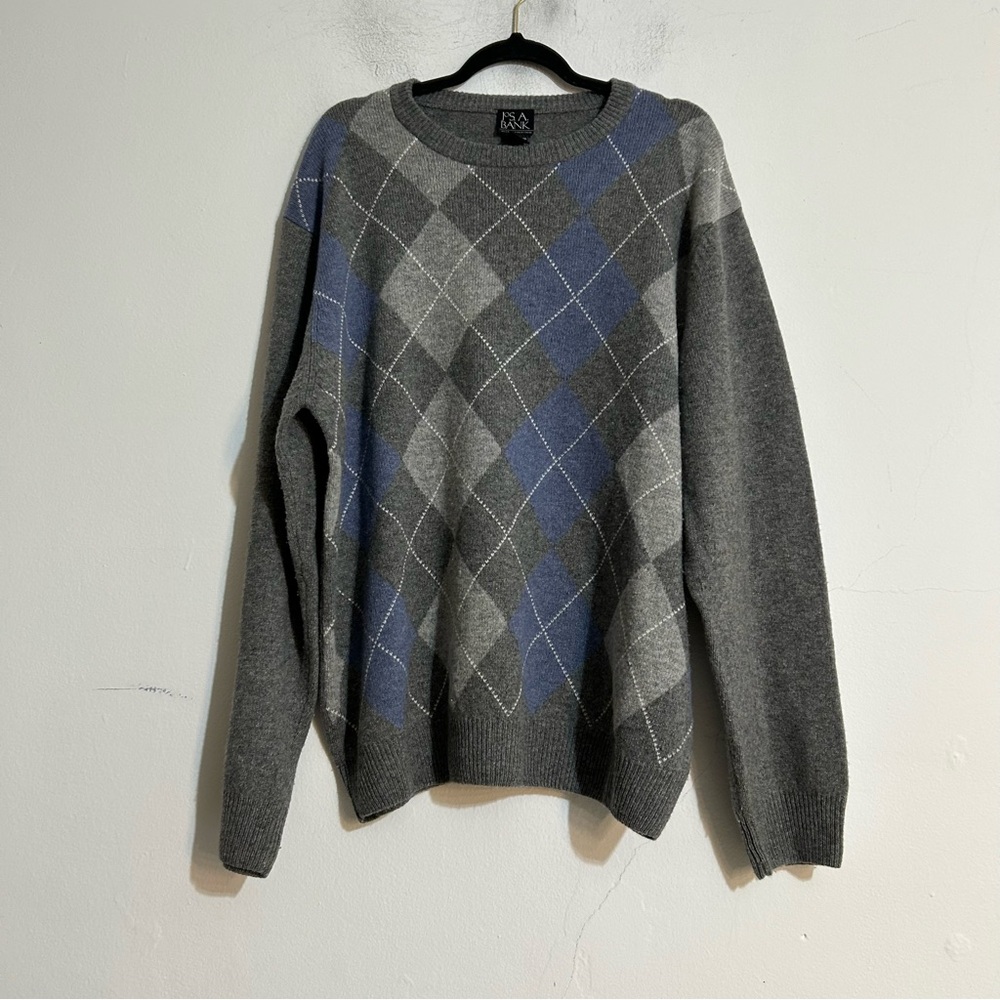 Jos A Bank Argyle Blue Grey Lambswool Blend Crewneck Sweater Preppy Academia XL
